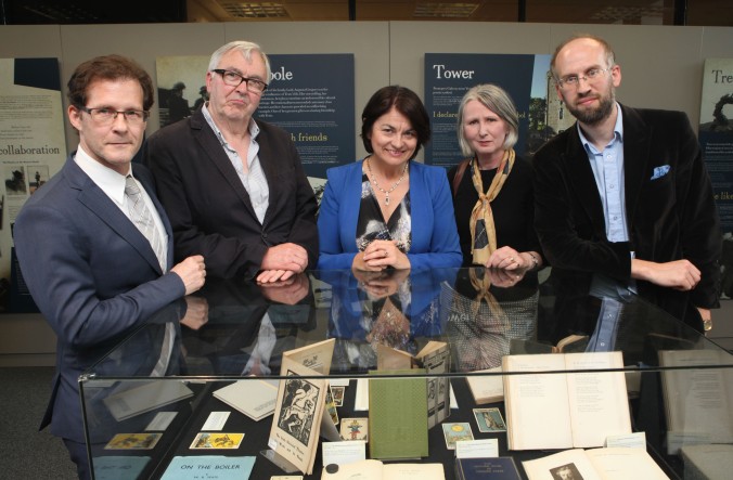 Prof. Daniel Carey, Ronnie O’Gorman, Sen. Fidelma Healy Eames, Sen. Susan O’Keeffe, and Dr. Adrian Paterson, at the launch of the ‘Yeats & the West: an exhibition of western worlds’ at Hardiman Research Building, NUI Galway, 13 July 2015. 